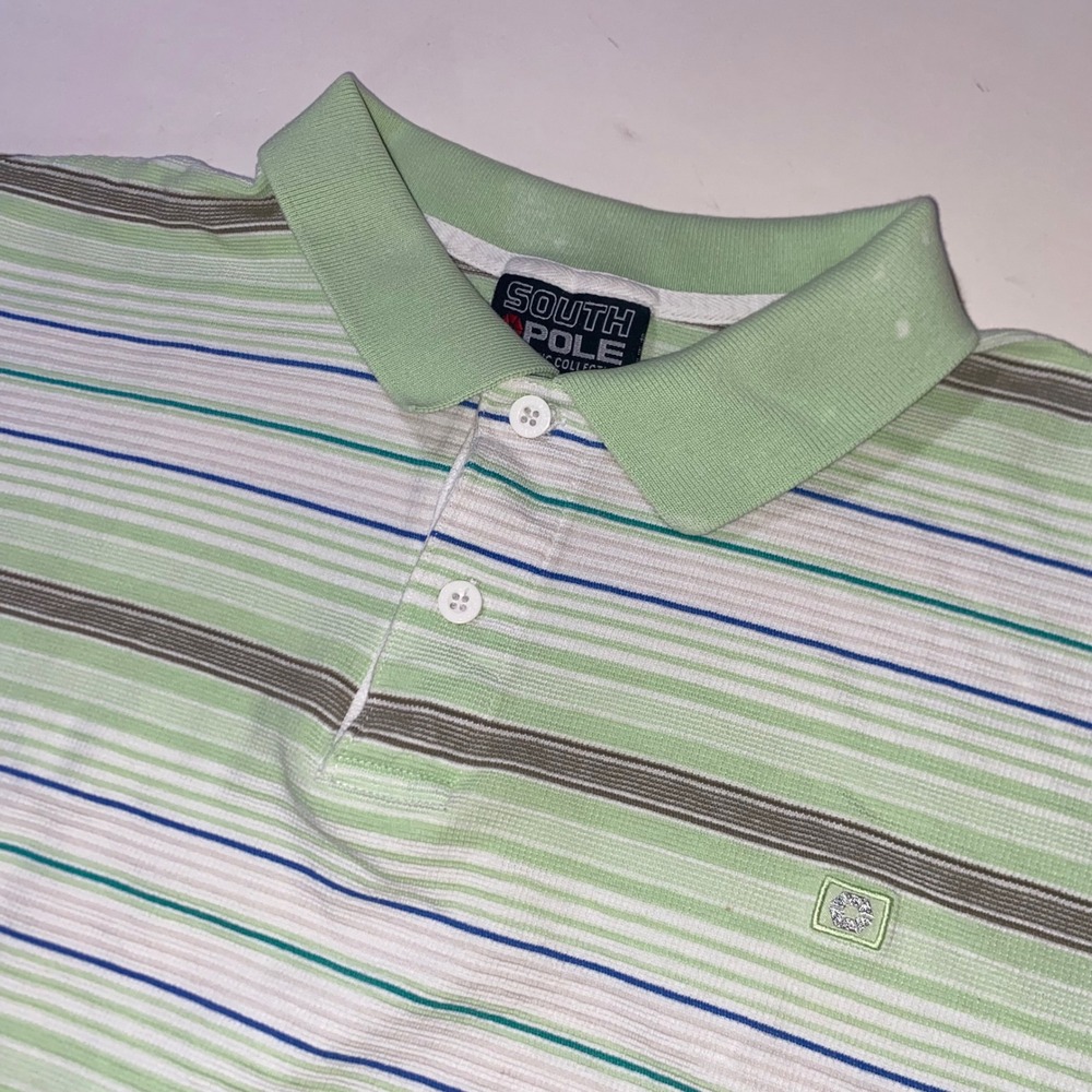 Southpole Mens XL Striped Polo Shirt Green White Y2K Streetwear Short Sleeve